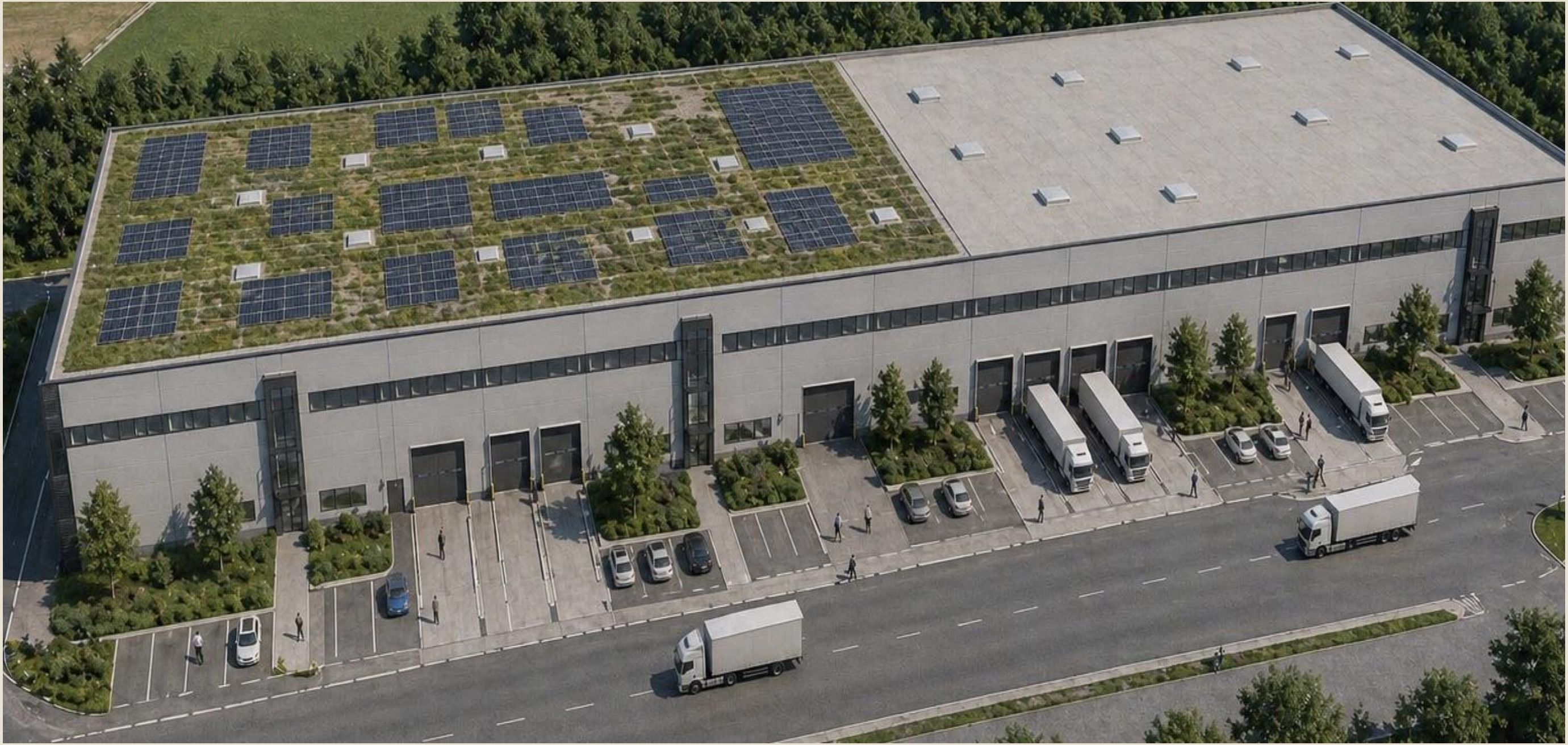 njubiz green Park Hebertshausen – Luftbild mit Gründach, Photovoltaik und Laderampen