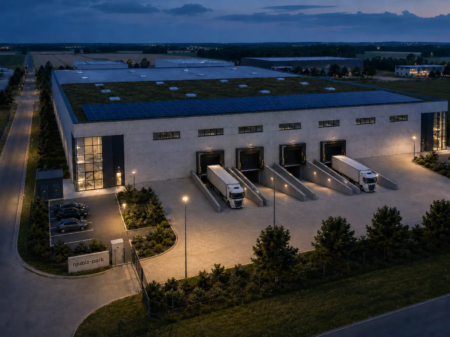 njubiz-park in der Abenddämmerung mit beleuchtetem Ladehof